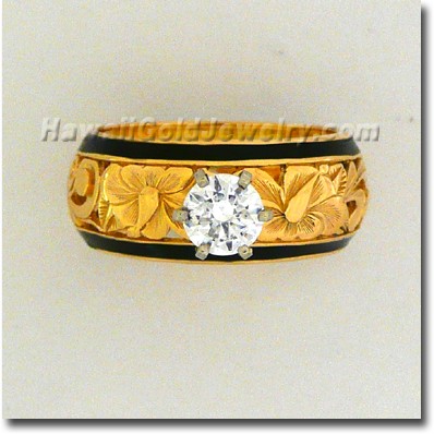 Dome Ring Design Hibiscus Flower With Hawaiian Scroll Metal 14K Yellow 