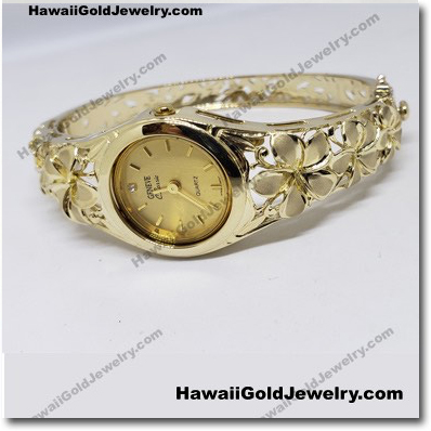 Hawaiian Plumeria Bangle Watch Round - Hawaii Gold Jewelry