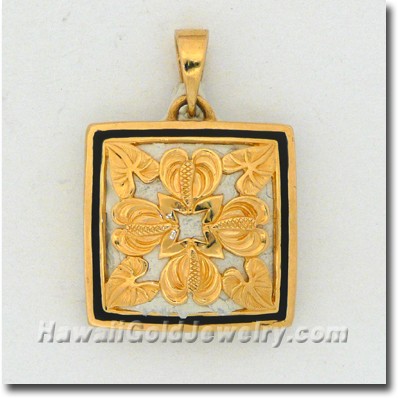 Hawaiian Anthurium Quilt Pendant - Hawaii Gold Jewelry