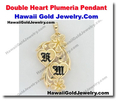 Hawaiian Double Heart Plumeria Pendant - Hawaii Gold Jewelry