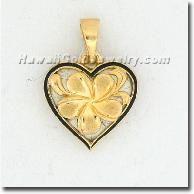 Hawaiian Heart Plumeria Pendant - Hawaii Gold Jewelry