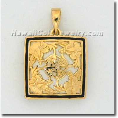 Hawaiian Hibiscus Quilt Pendant - Hawaii Gold Jewelry