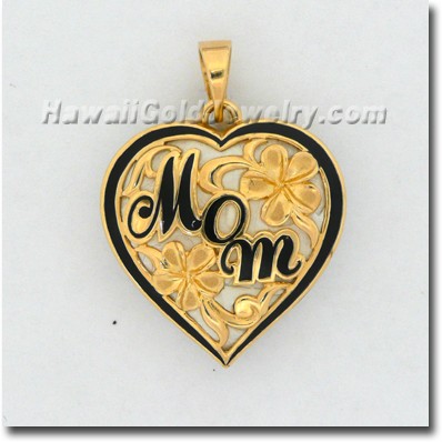 Hawaiian Mom Heart Plumeria Pendant - Hawaii Gold Jewelry