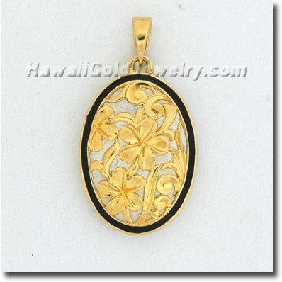 Hawaiian Oval Plumeria Pendant - Hawaii Gold Jewelry