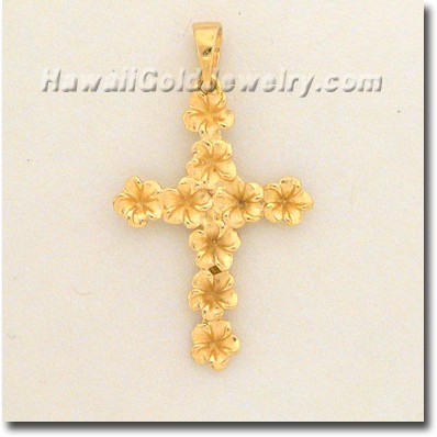 Hawaiian Plumeria  Cross Pendant - Hawaii Gold Jewelry