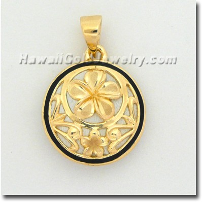 Hawaiian Round Plumeria Pendant - Hawaii Gold Jewelry