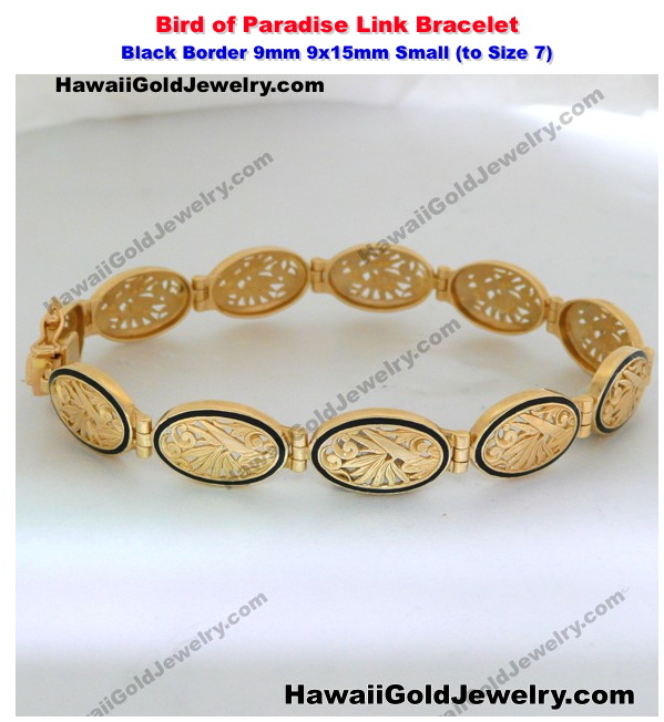 Hawaiian Bird of Paradise Link Bracelet Black Border 9mm 9x15mm Small